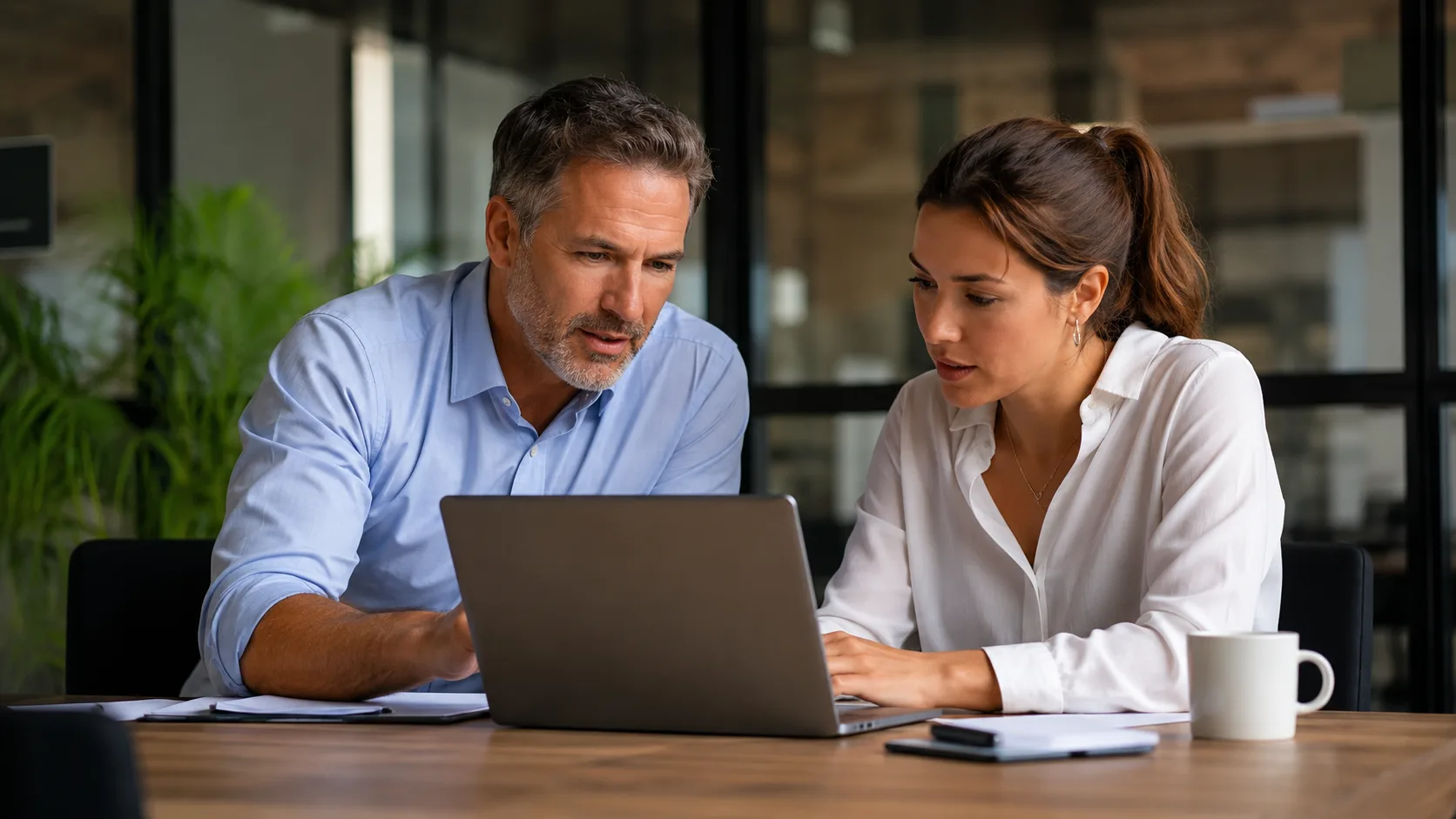 Two professionals reviewing SEO and AEO strategy together on a laptop