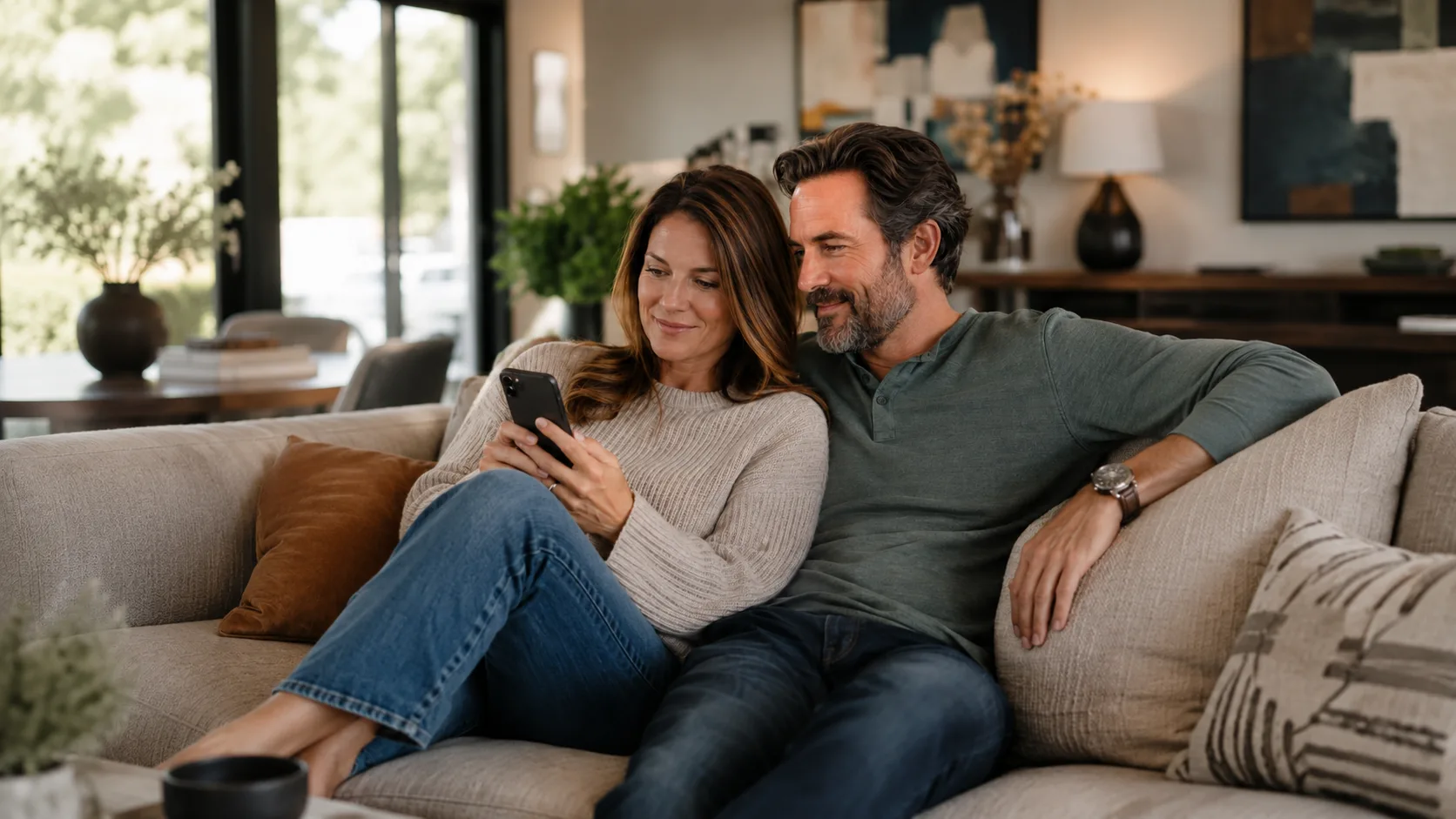 Affluent couple on the couch looking at search results on a phone before contacting a contractor