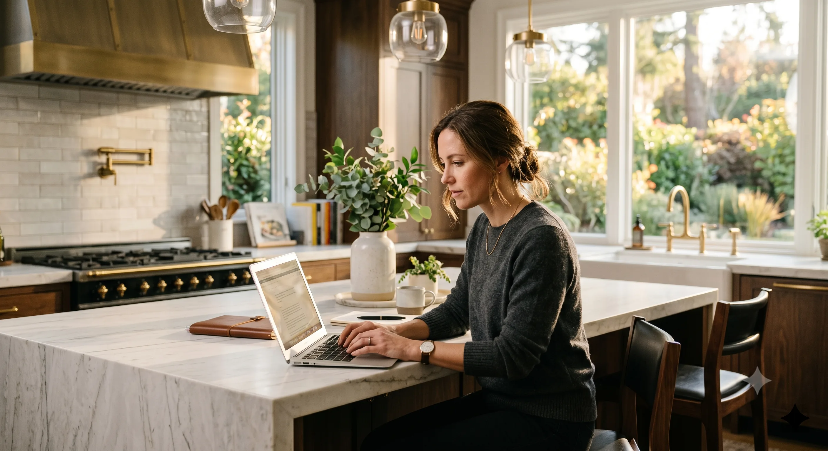 Homeowner browsing on a laptop in a premium kitchen before starting her contractor search