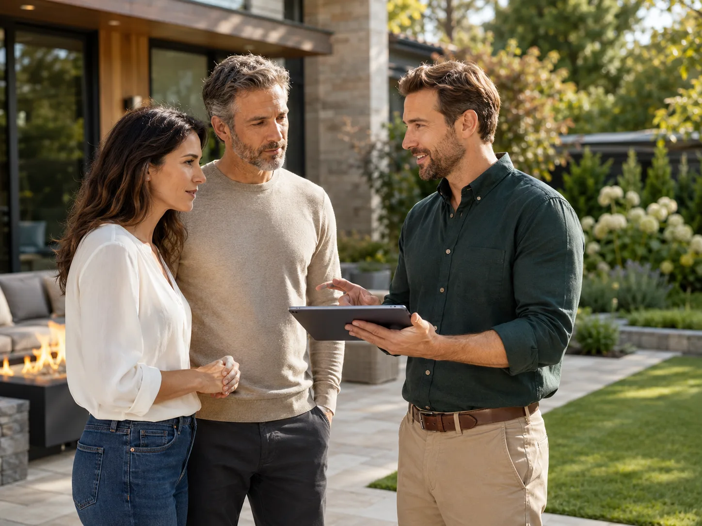 Outdoor living contractor discussing a patio project with homeowners before spring demand