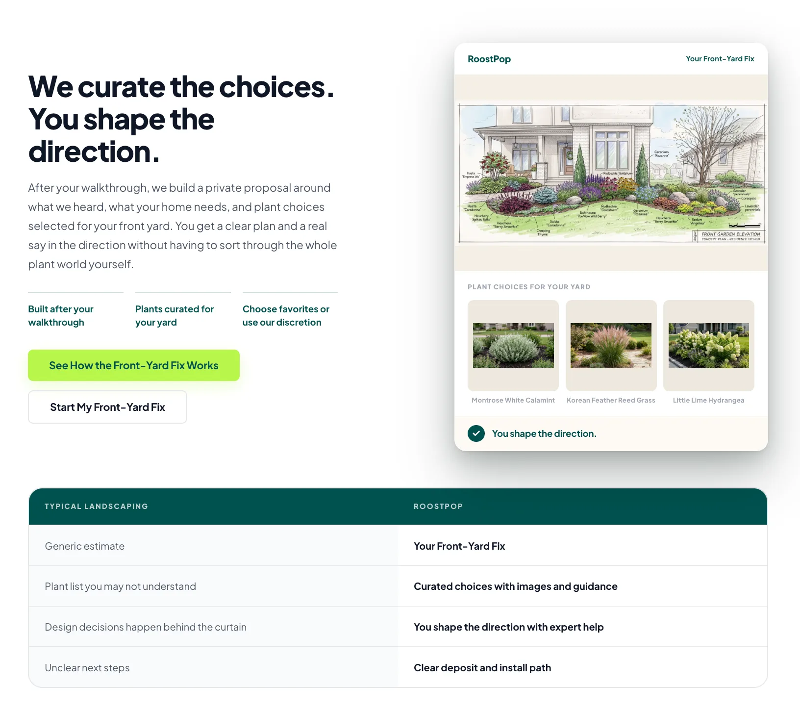 RoostPop customized proposal with a garden plan and guided plant selections