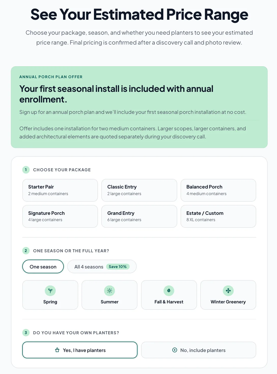 RoostPop interactive calculator for package, season, and planter options