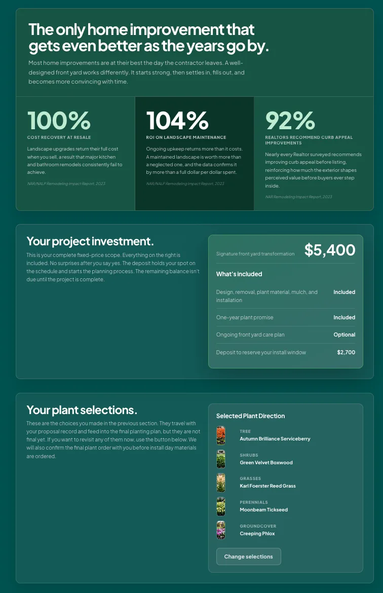 RoostPop online proposal with project investment, plant selections, and deposit details
