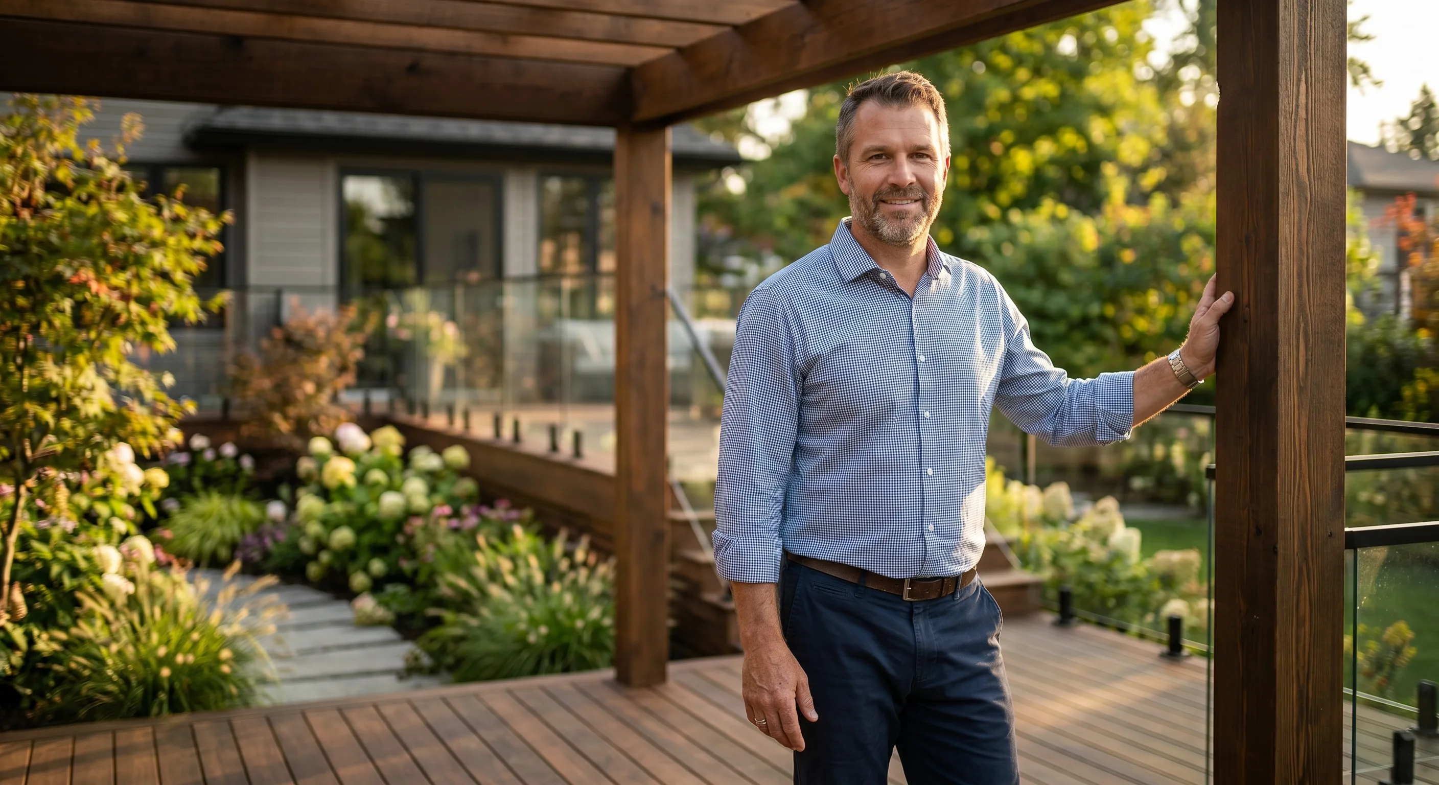 Homeowner standing on his beautifully finished deck, the kind of project that builds a Google Business Profile