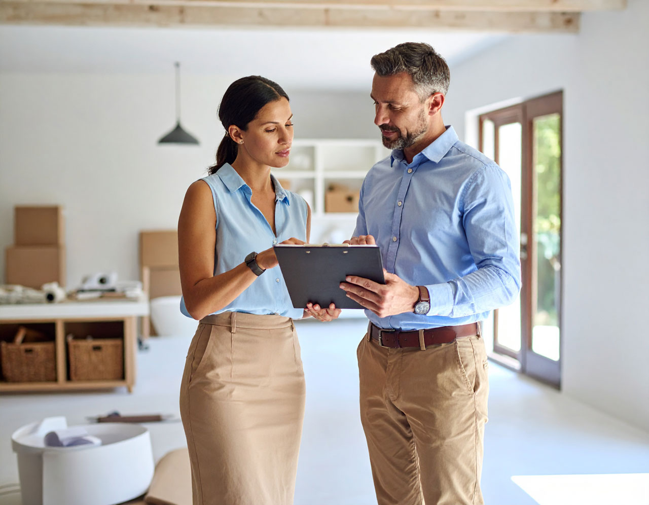 Contractor and homeowner reviewing details inside a renovation