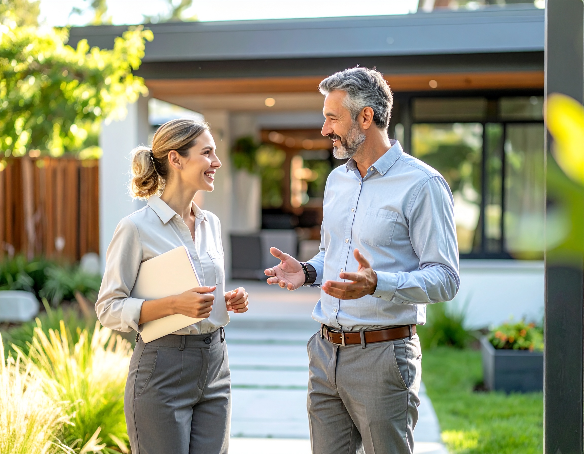 Contractor meeting a premium homeowner outside their home