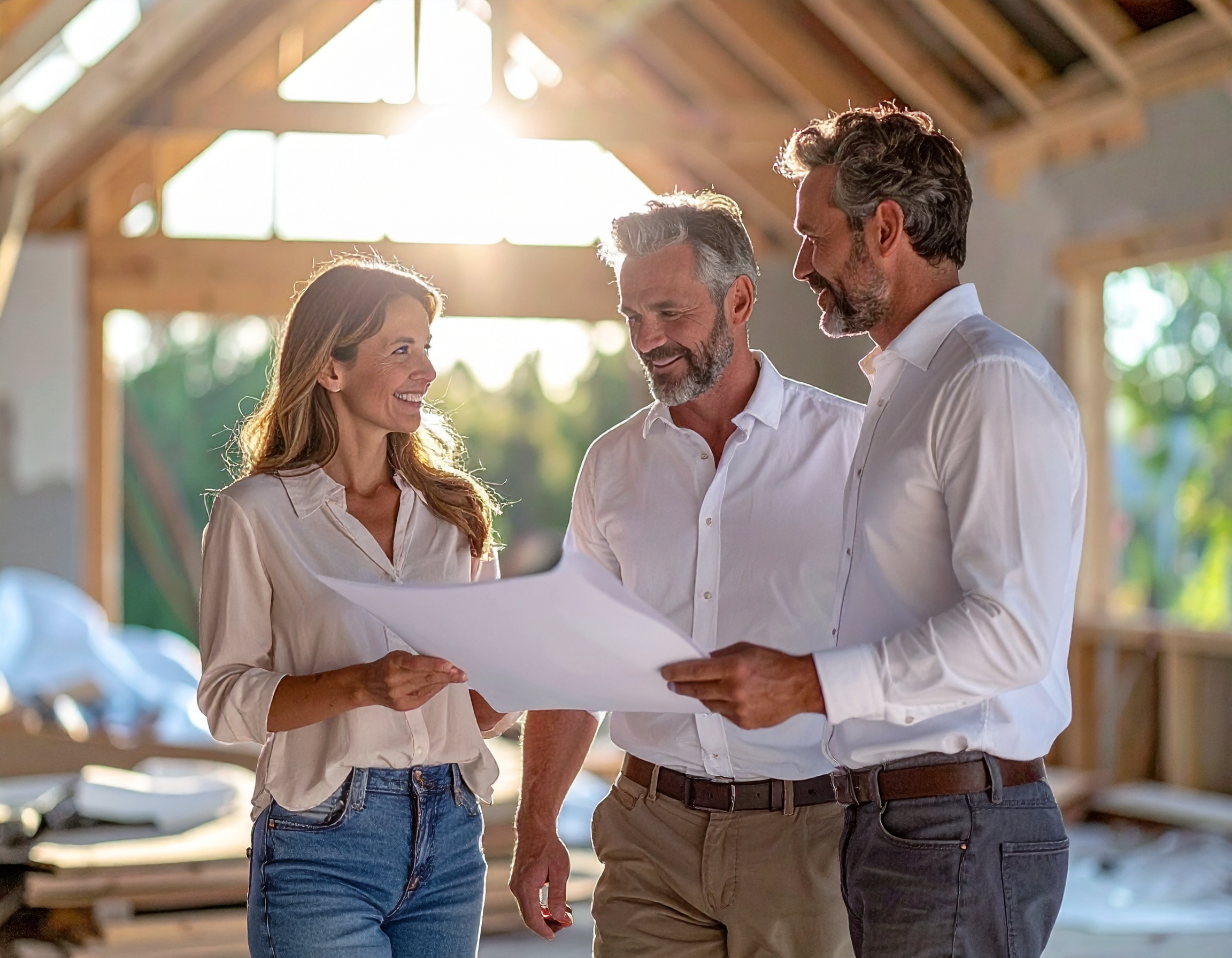 Remodeler reviewing plans with homeowners inside a project