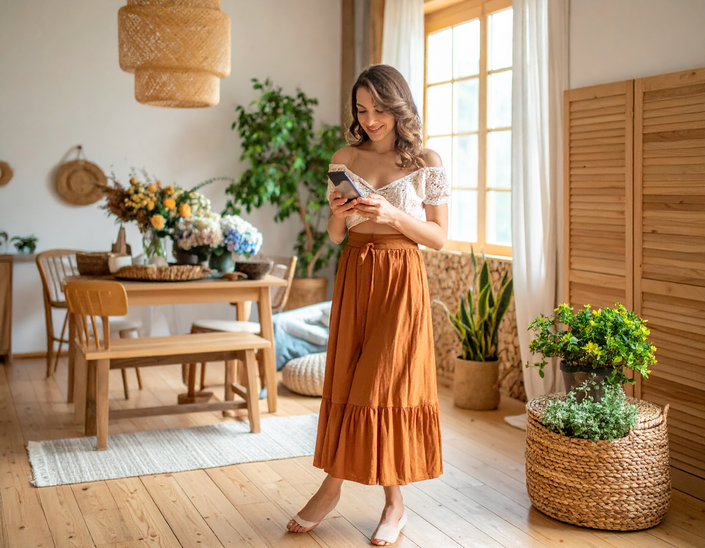 Homeowner browsing social media on her phone at home