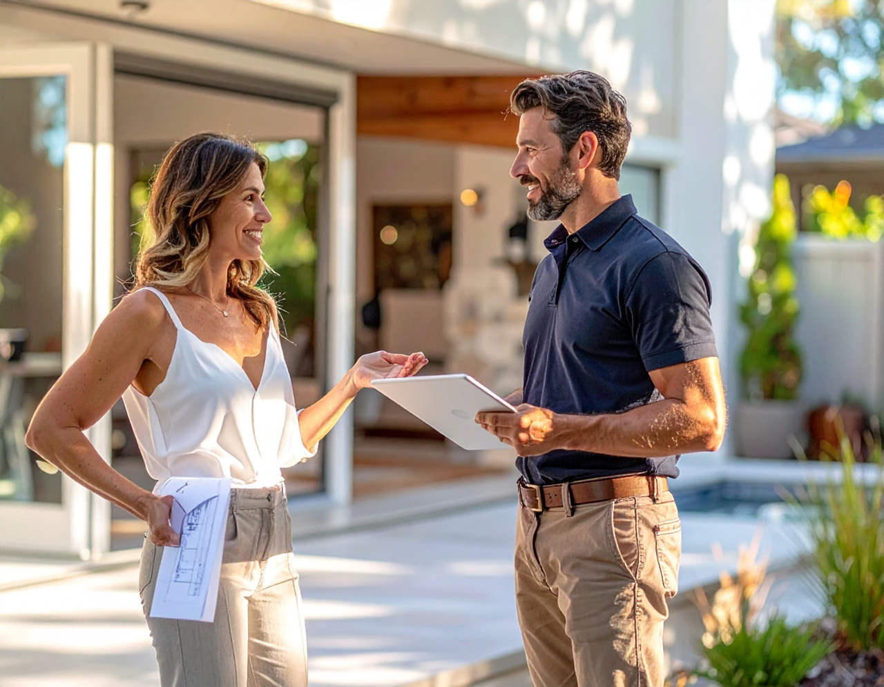 Homeowner reviewing a proposal with a contractor outside