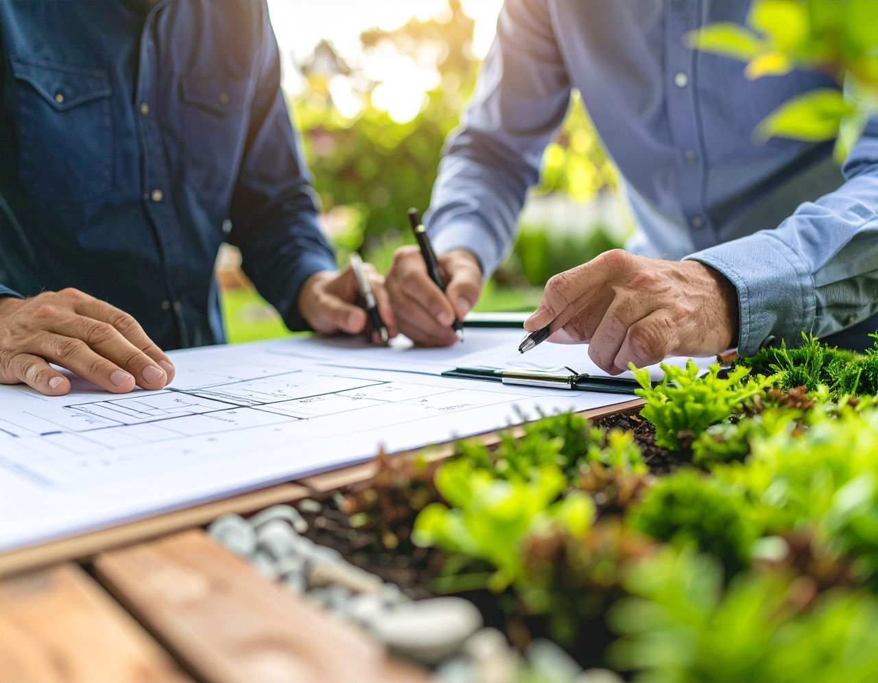 Remodelers reviewing plans on a job site outdoors