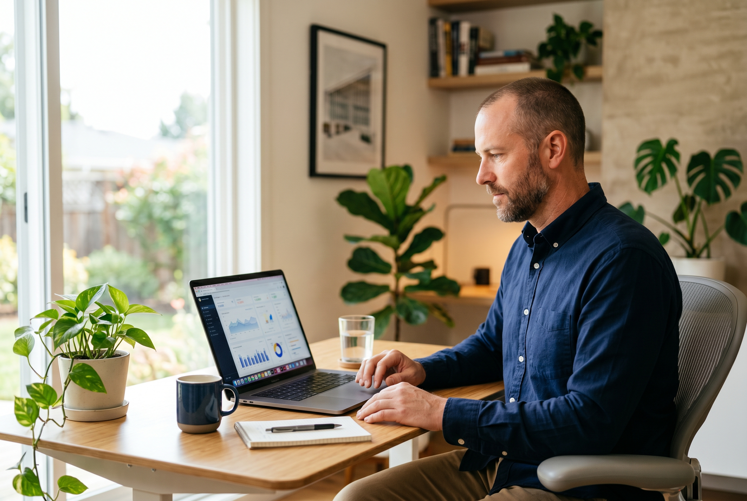 Contractor analyzing cost-per-lead trends on a laptop